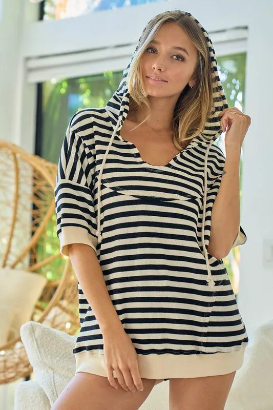 Stripe Fleece Notch Neck Hoodie