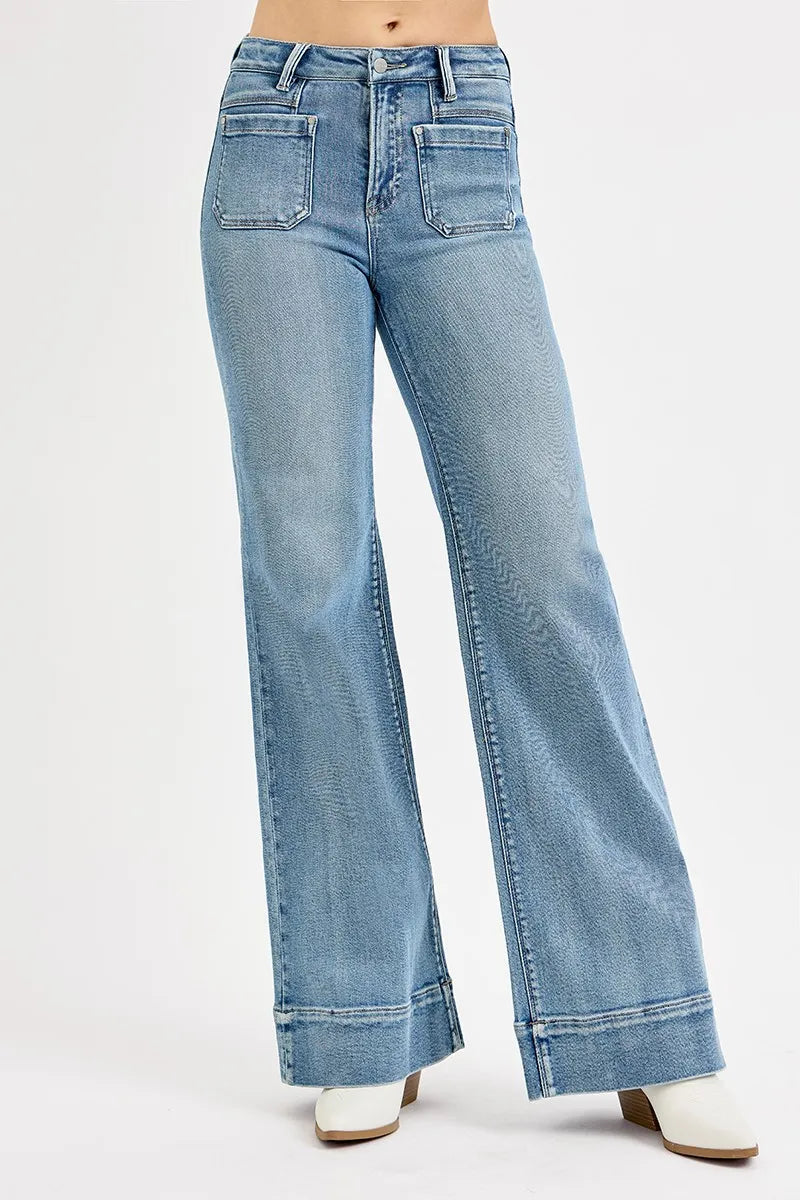 High Rise Wide Flare Patch Pocket Jeans