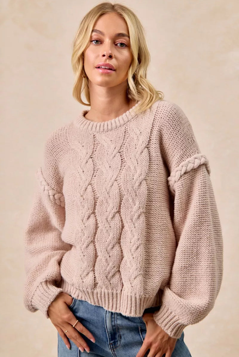 Cable Knit Sweater with Shoulder Braid Detail