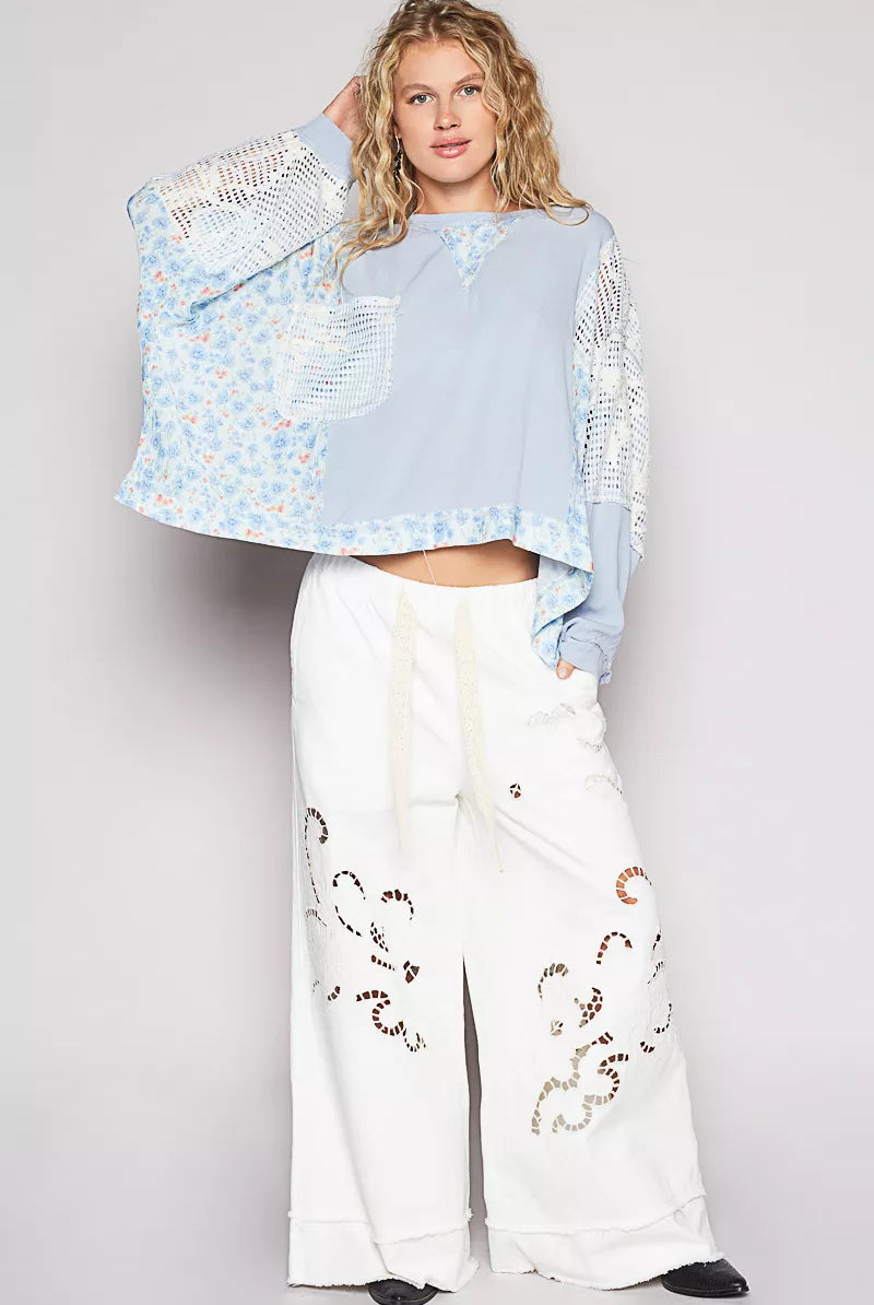Cropped Gauze Floral Pattern Top