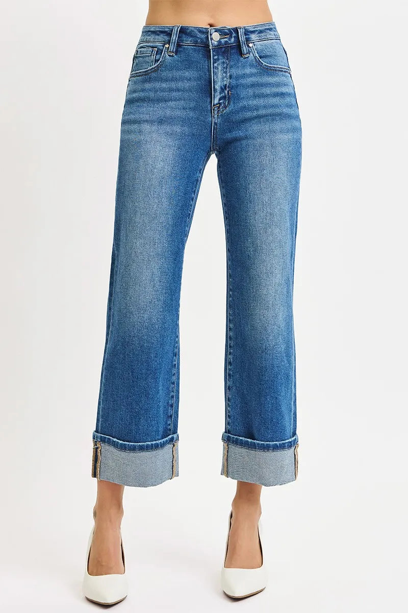 Mid Rise Crop Straight Cuffed Jeans