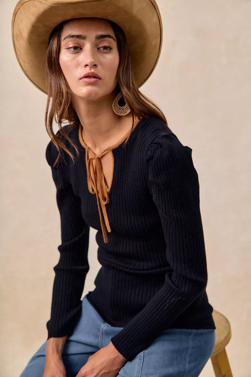 Ribbed Contrast Front Tied Top