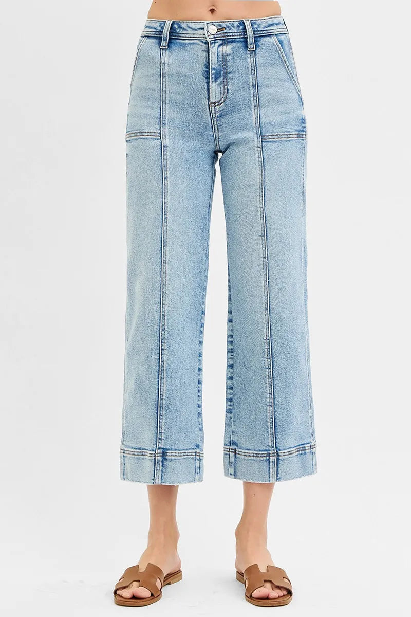 High Rise Crop Wide Front Seam Detailed Jeans