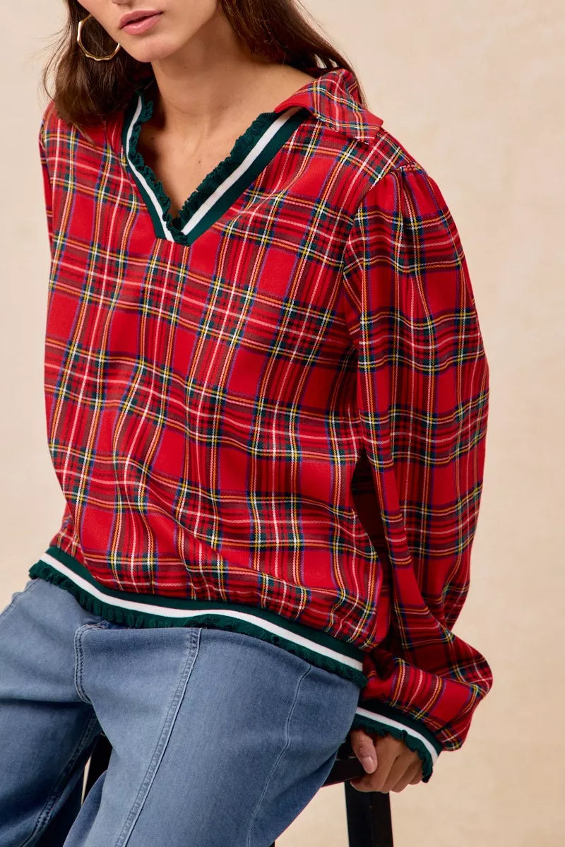 BiBi Christmas Plaid Collared Top with Ruffled Detail