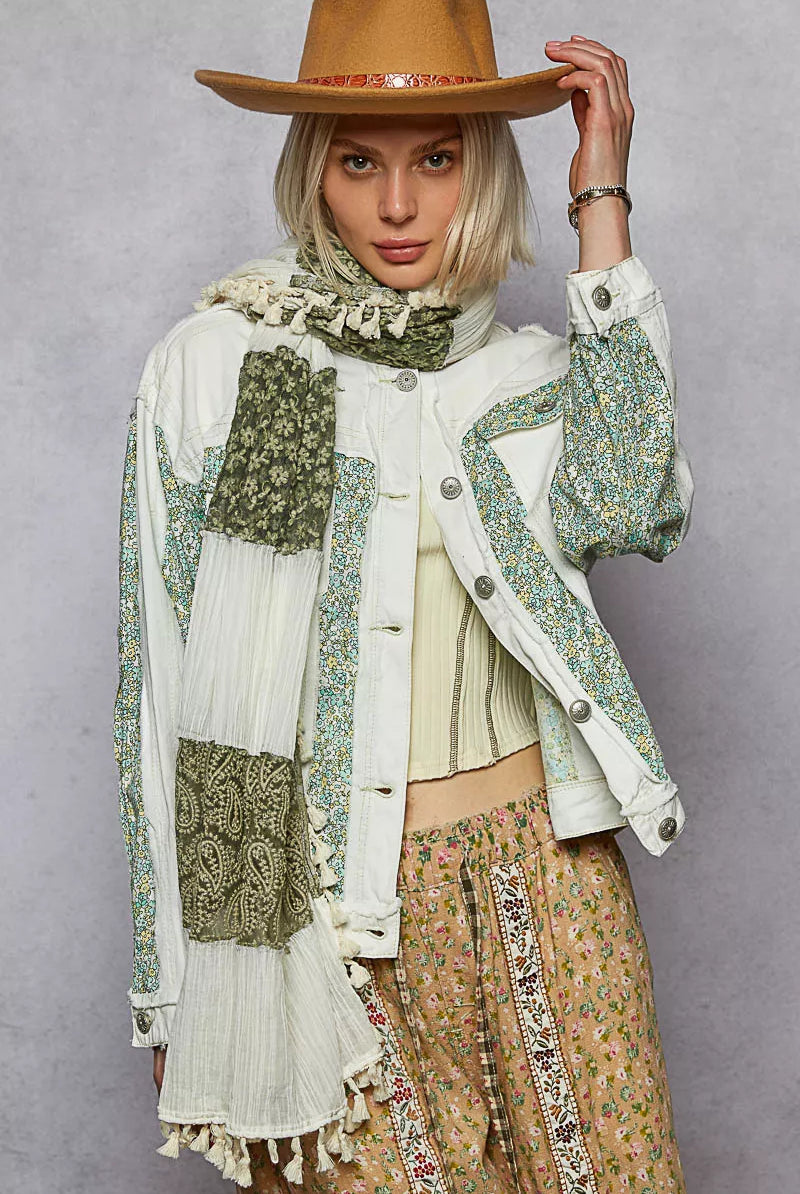 POL Button Down Patchwork Denim Jacket with Floral Print Details