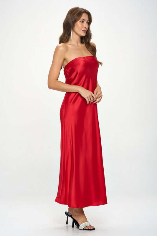 Red silky satin tube draped dress, sleeveless maxi, made in USA, worn by model. Casual formal wear for elegant occasions.
