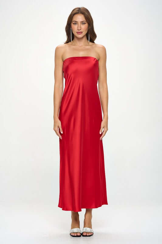 Red silky satin tube draped dress, sleeveless maxi, made in USA, solid pattern, casual or formal style, polyester blend.