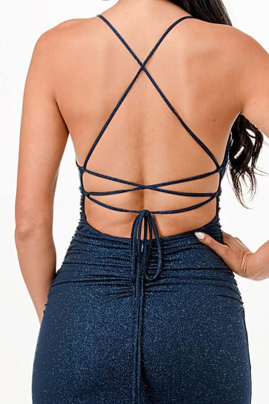Glitter Back Lace-Up Mermaid Dress with Open Slit