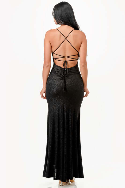 Glitter Back Lace-Up Mermaid Dress with Open Slit