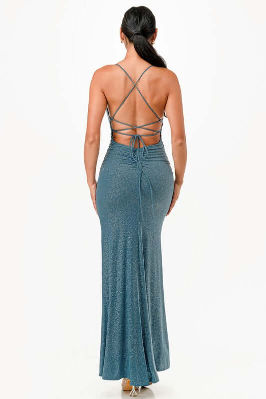 Glitter Back Lace-Up Mermaid Dress with Open Slit