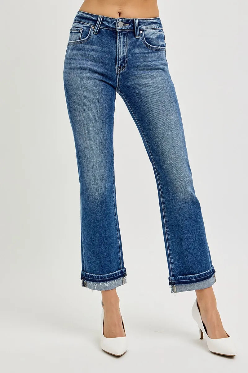 Mid Rise Ankle Straight Cuffed Jeans