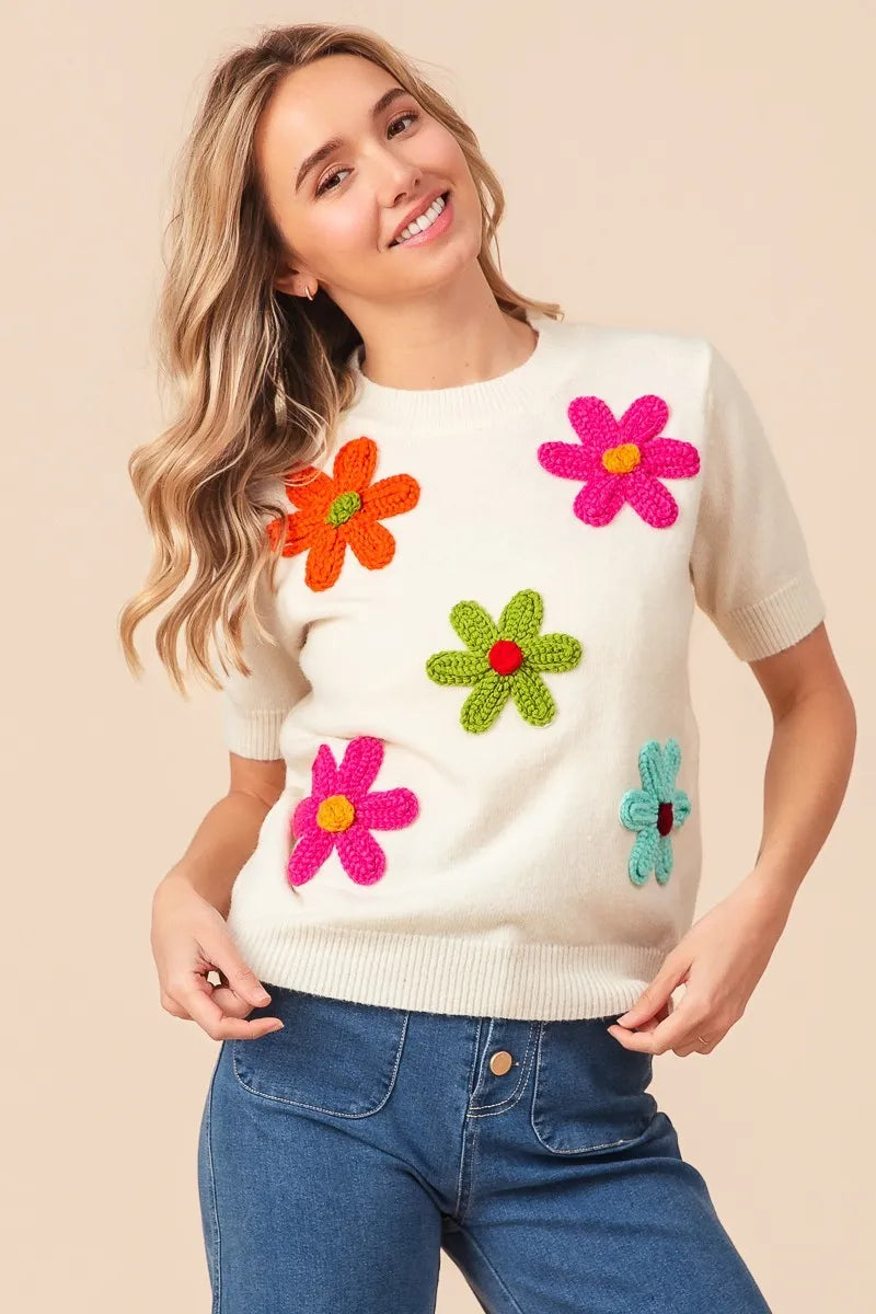 Crochet Flower Patch Sweater Top