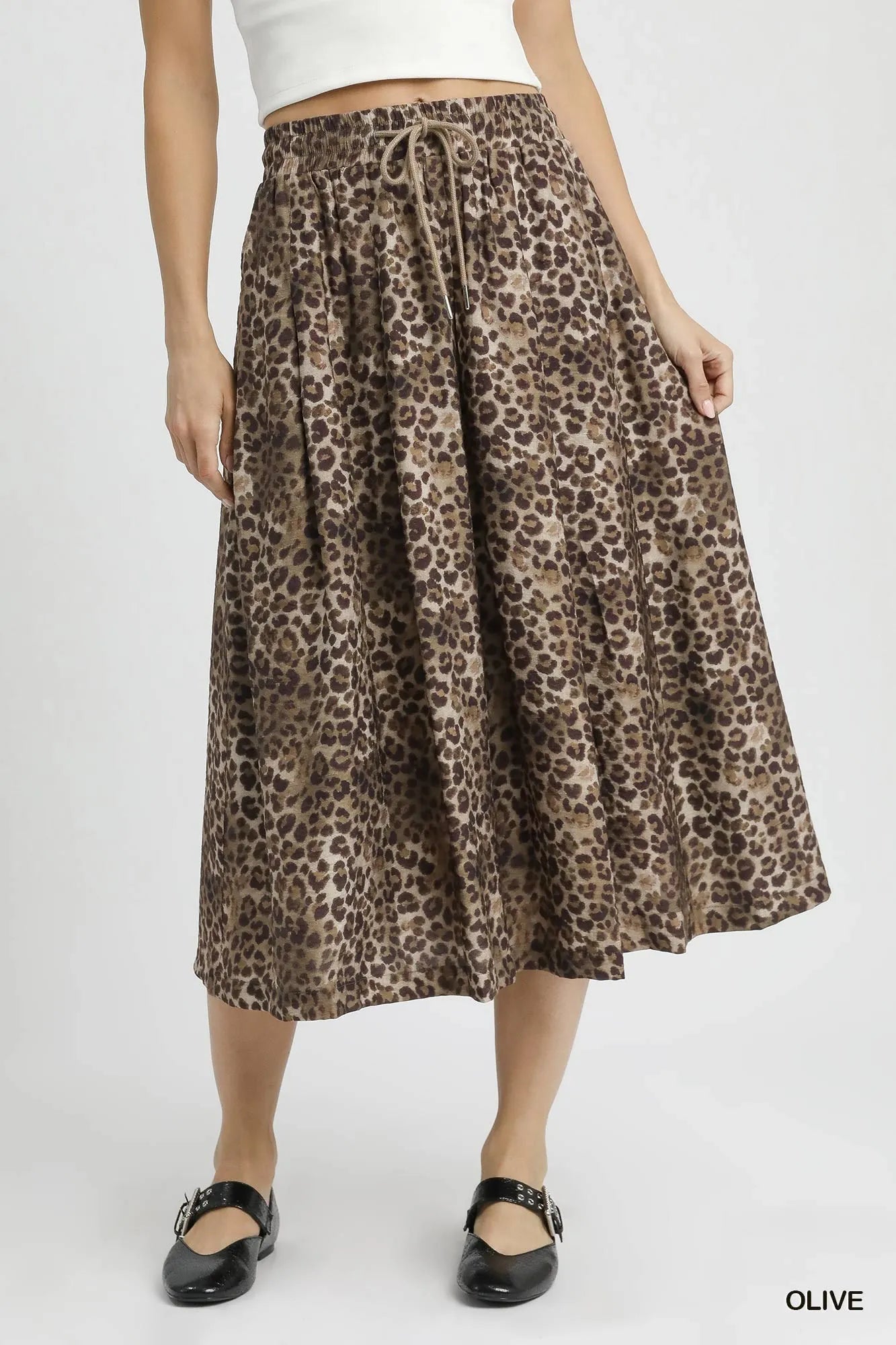 Drawstring Leopard Midi Skirt