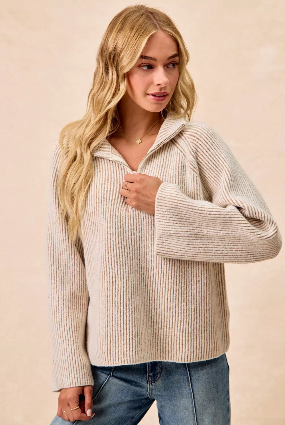 Rib Textured Knit Collared Top with Zip Up