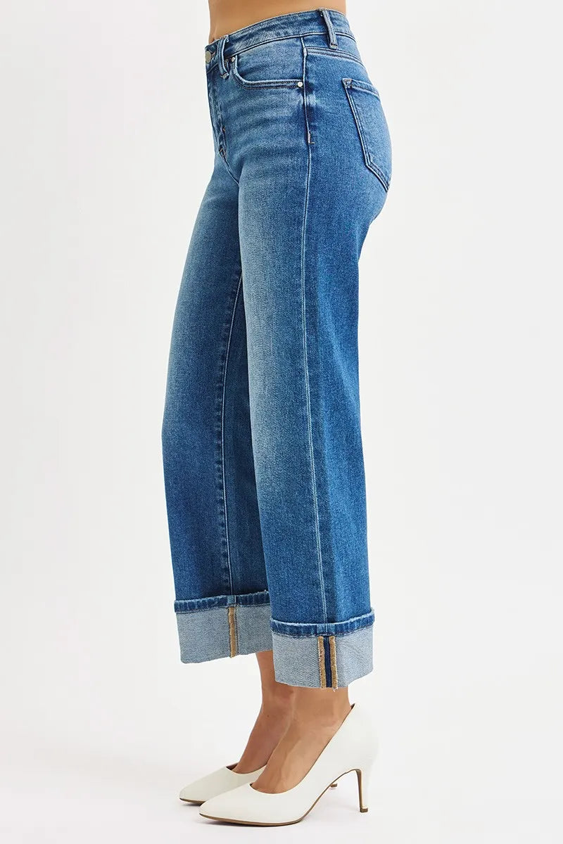 Mid Rise Crop Straight Cuffed Jeans