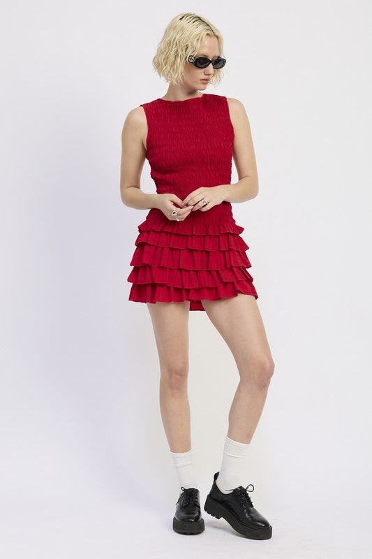 SLEEVELESS SMOCKED MINI DRESS WITH RUFFLE