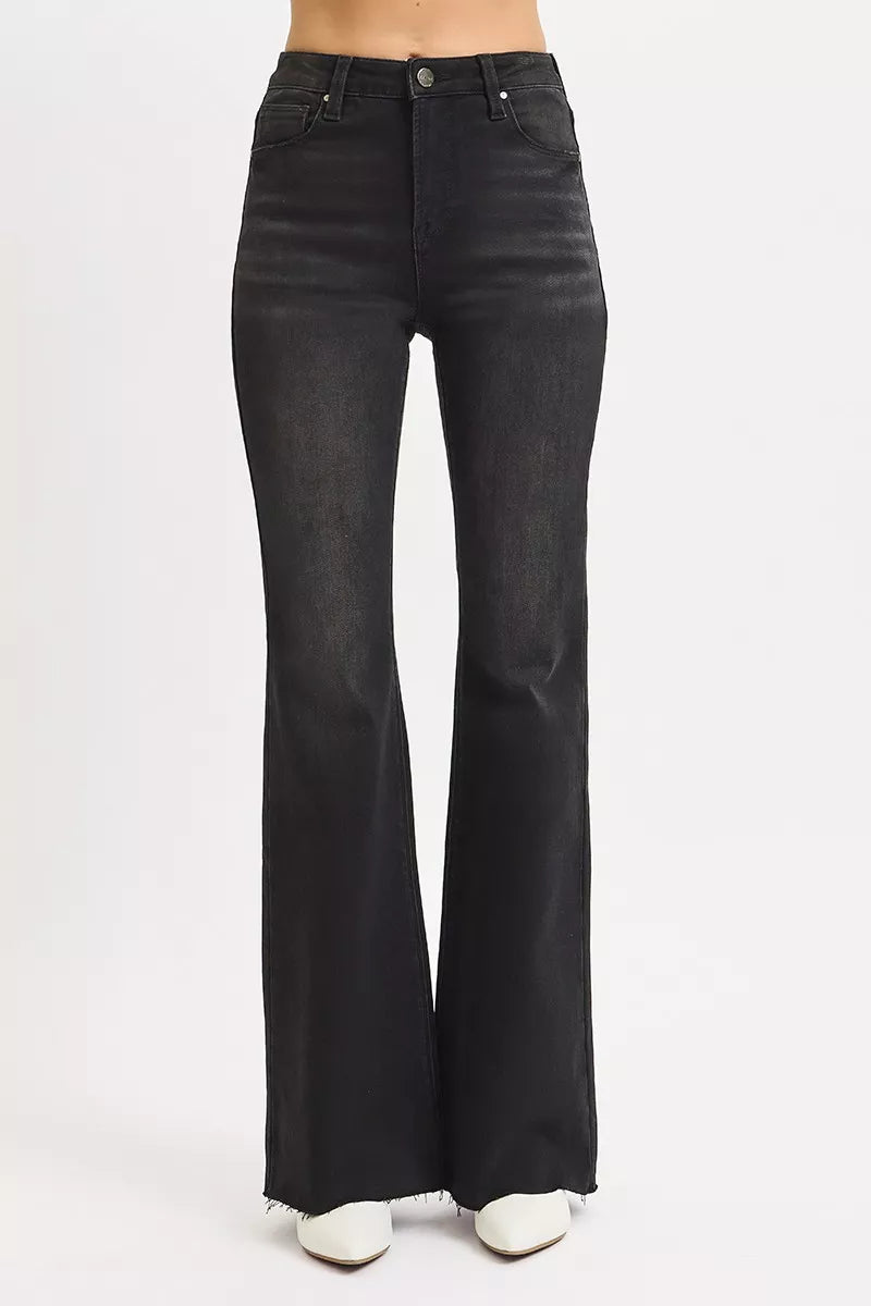 High Rise Flare Raw Cut Hem Jeans