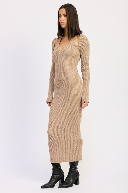 V-Neck Long Sleeve Midi Dress