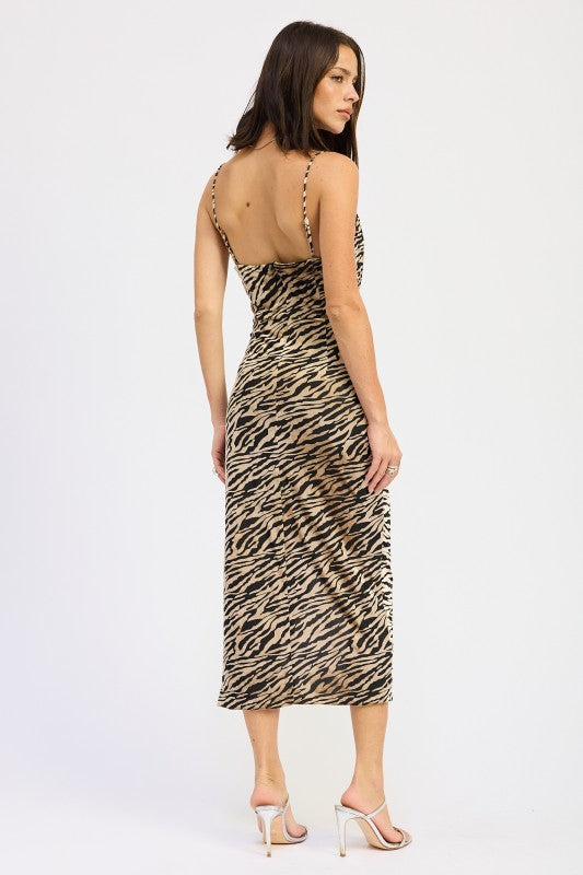 Zebra Print Cowl Neck Midi Dress