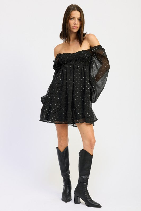 Smocked Long Sleeve Babydoll Mini Dress