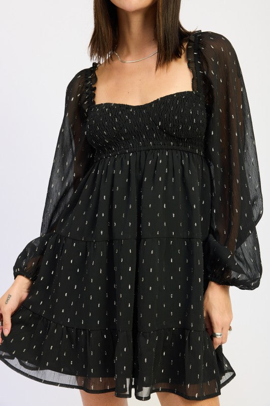 Smocked Long Sleeve Babydoll Mini Dress