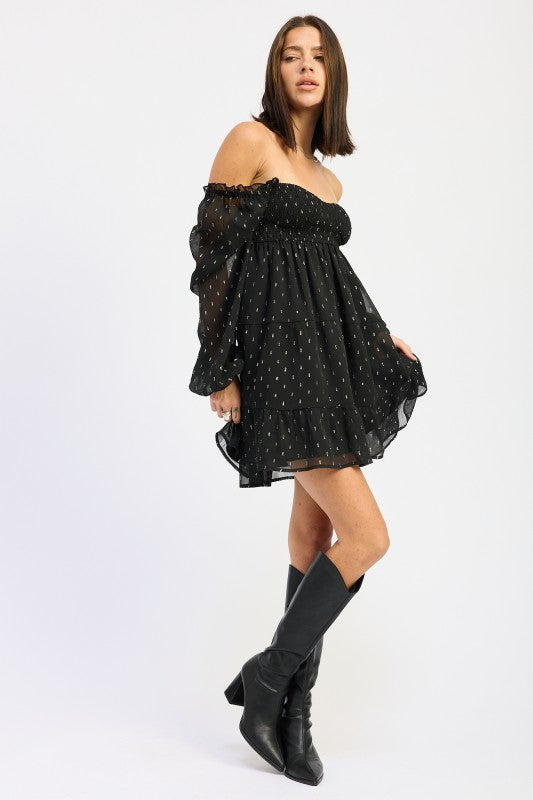 Smocked Long Sleeve Babydoll Mini Dress