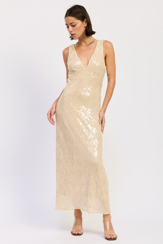 Sequin Open Scoop Back Midi Dress