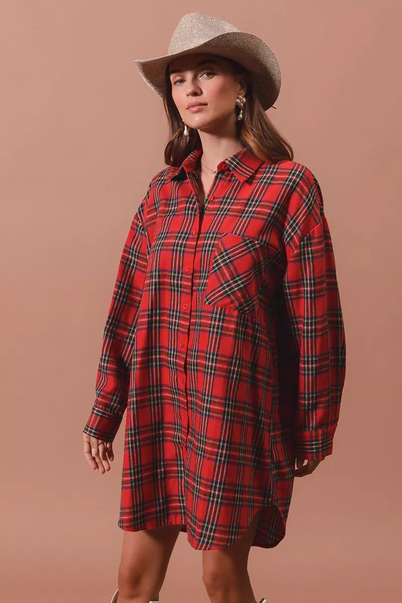 Christmas Plaid Button Up Shirt Dress
