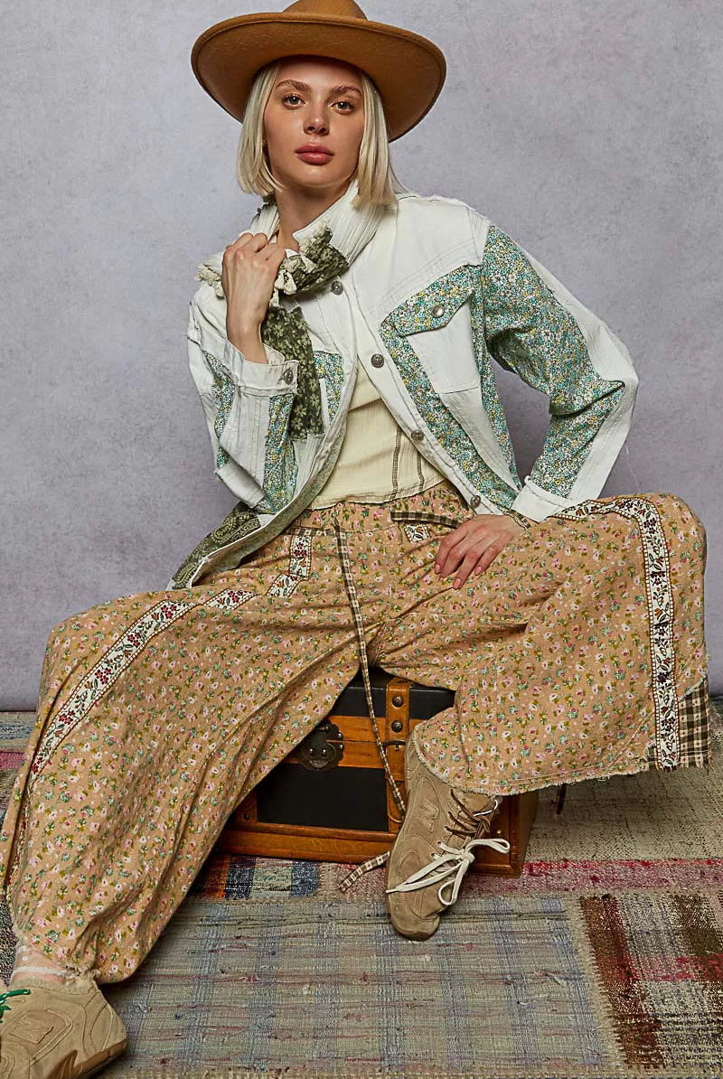 POL Button Down Patchwork Denim Jacket with Floral Print Details