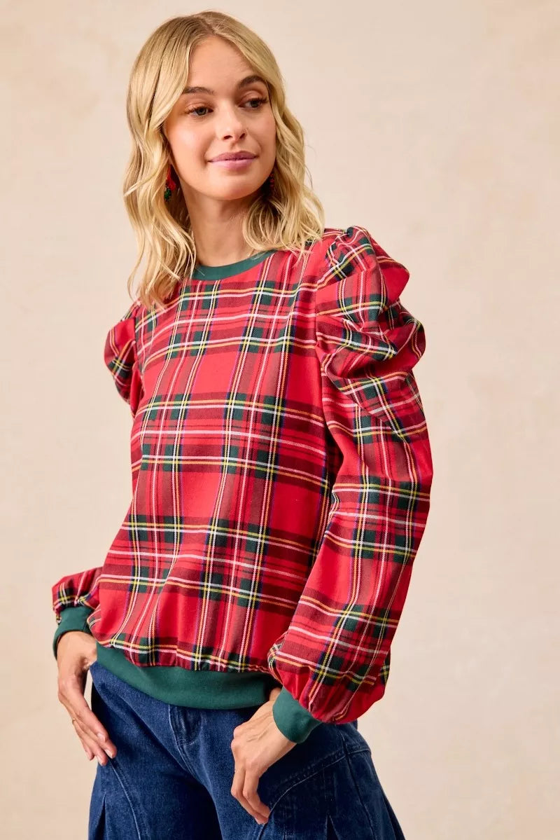 Plaid Exaggerated Shoulder Top