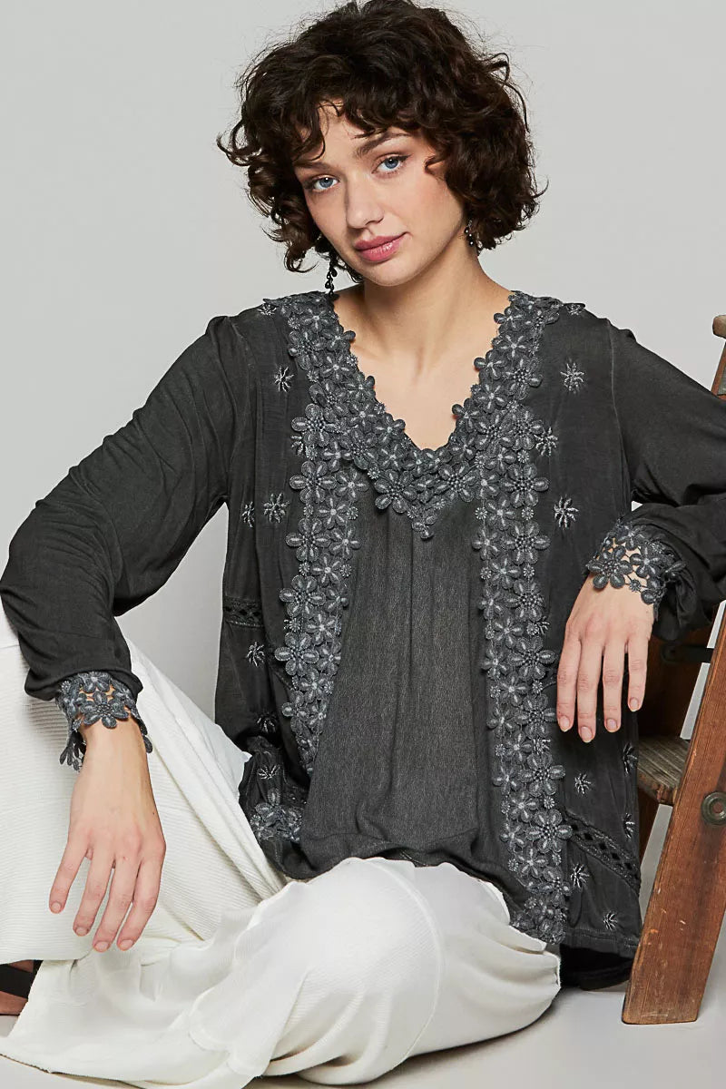 Floral Embroidery Woven Top with Lace Trim