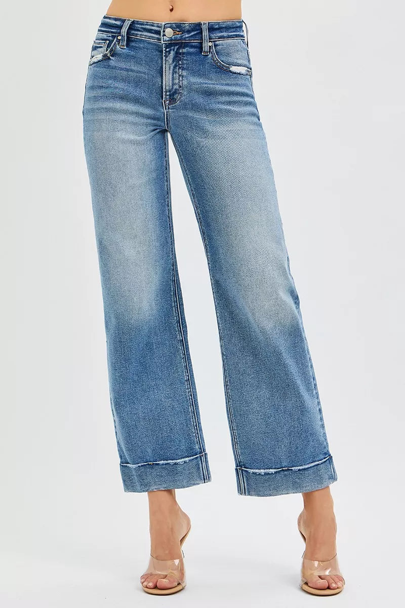 Mid Rise Crop Straight Jeans w/ Taylor Cuff