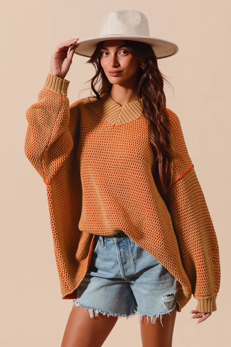 SO ME Oversized Two Tone Textured V Neck Sweater