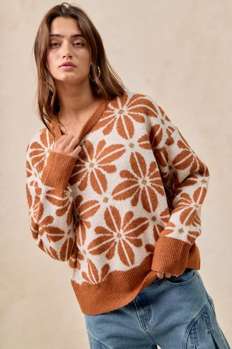 Flower Pattern Long Sleeve Sweater