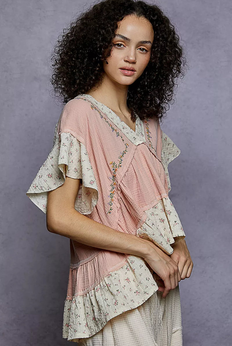 POL Floral V-Neck Short Sleeve Ruffled Double Gauze Blouse with Embroidery Detail