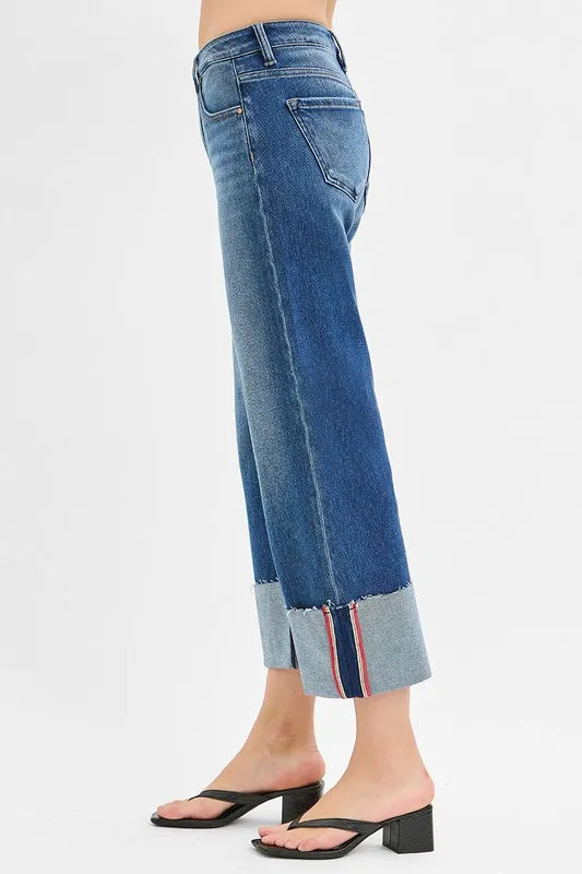Tummy Control Mid Rise Wide Cuffed Jeans