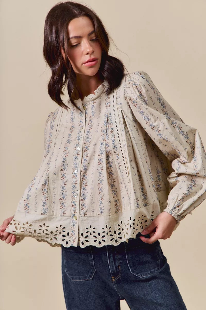 Floral Print Lace Button Down Shirt