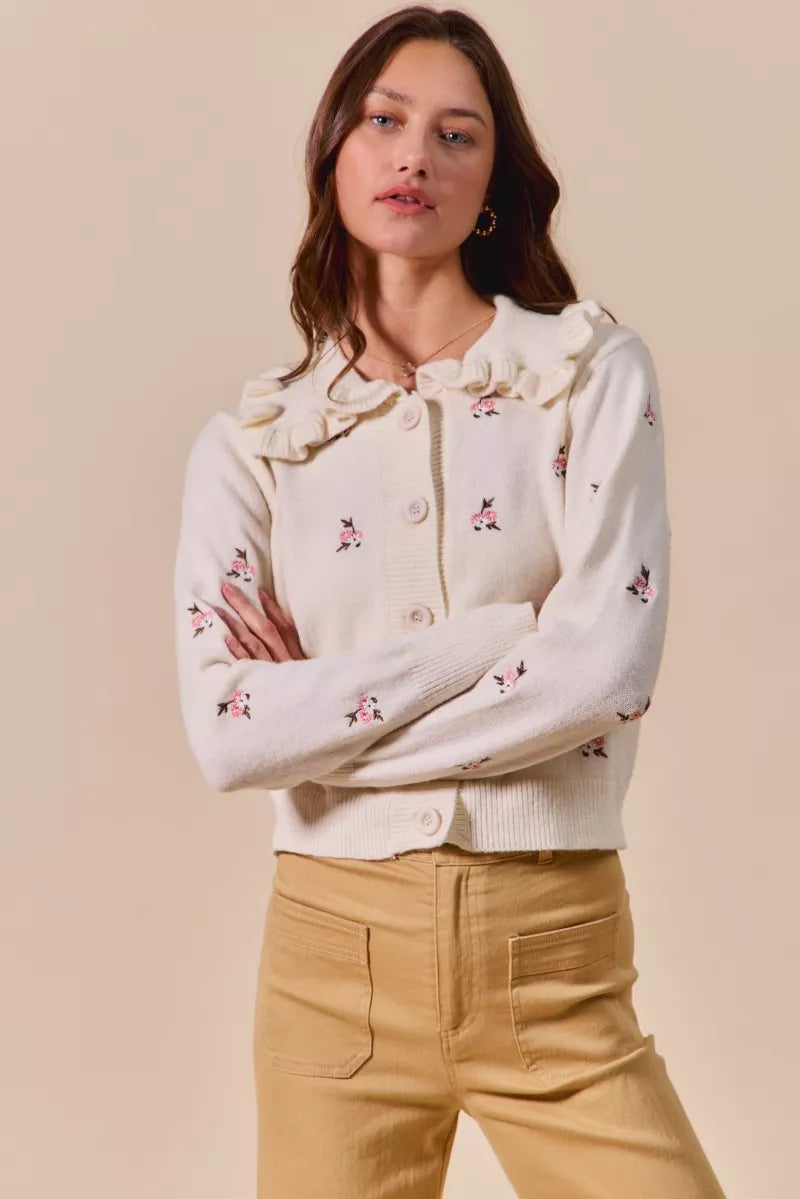Collared Floral Embroidered Button Down Cardigan