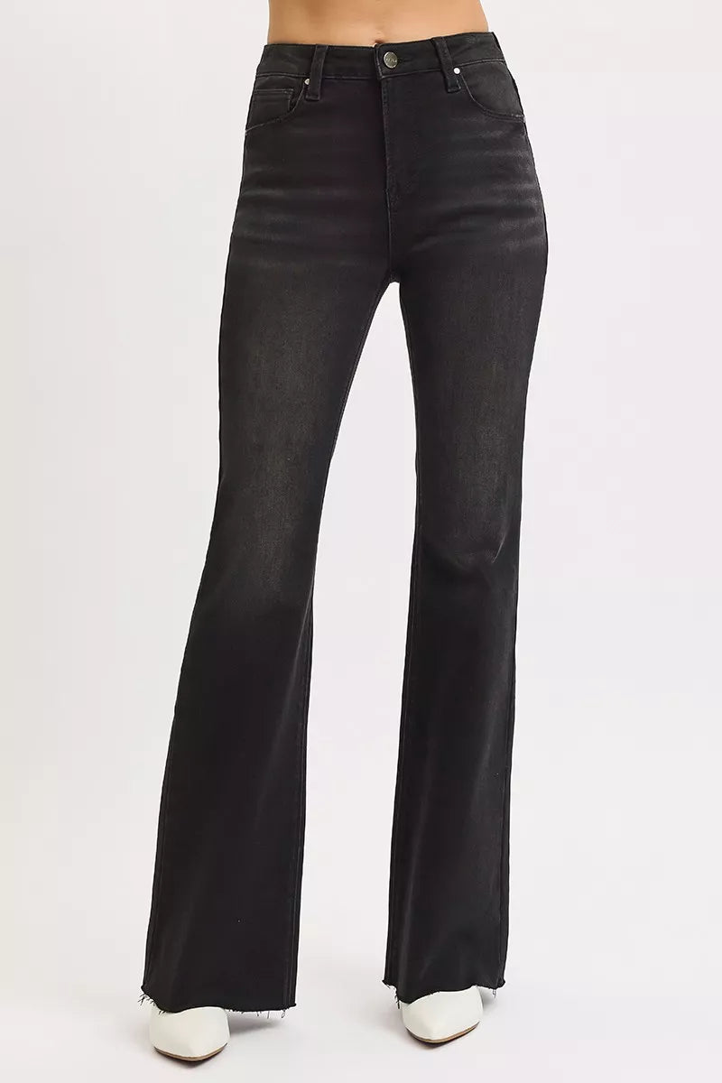 High Rise Flare Raw Cut Hem Jeans