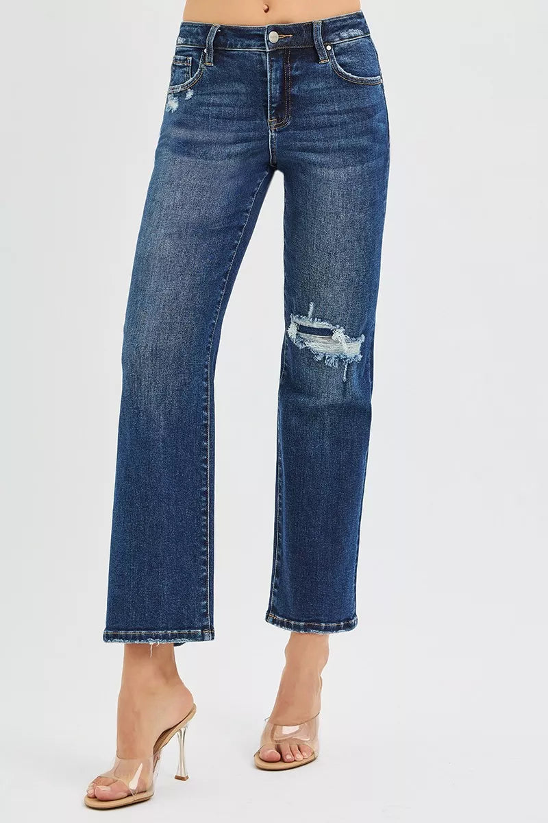 High Rise Crop Slim Straight Jeans with Hidden Knee Patch
