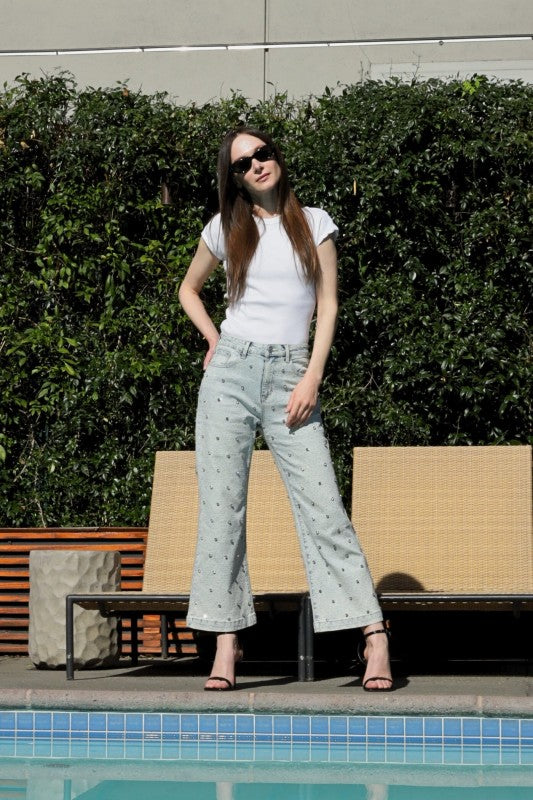 Jewel Embellished High Rise Cropped Palazzo Jeans