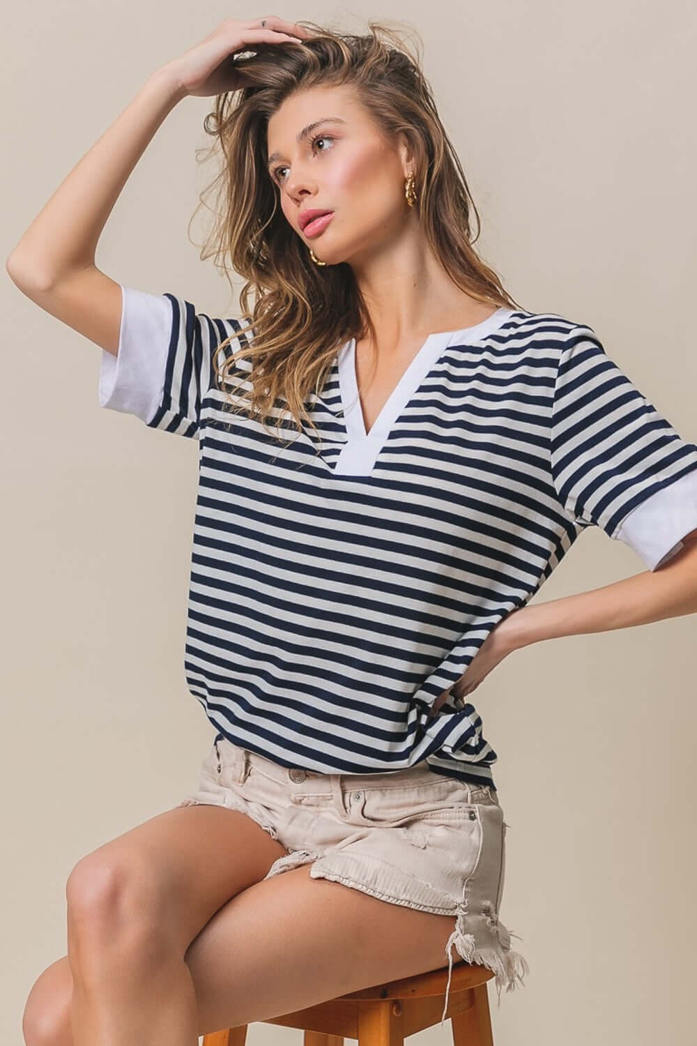 Contrast Striped Notched Top