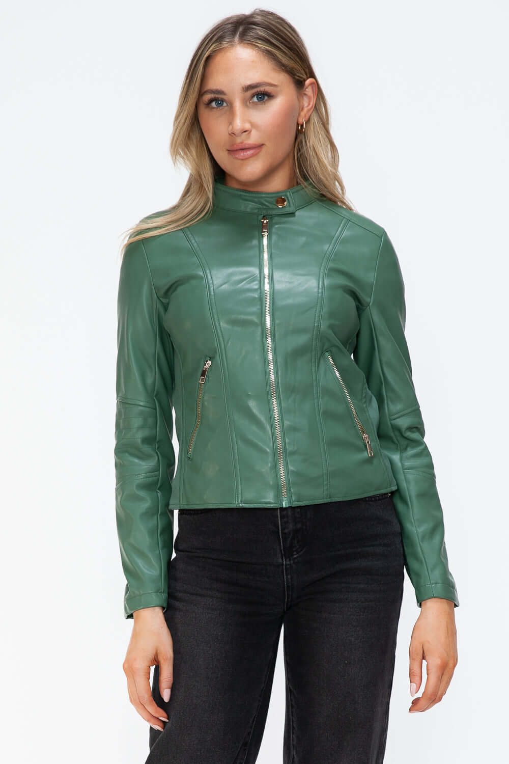 Upgrade your wardrobe with our Faux Leather Zip Up Hooded Jacket. Features a front zipper closure, long sleeves, and an adjustable drawstring hood for a casual and classy touch. Stay stylish and protect yourself from the elements with this must-have jacke