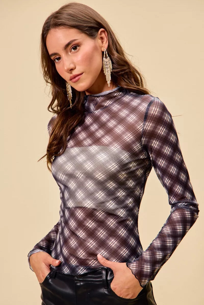 Plaid Mesh Knit Top with Thumb Opening