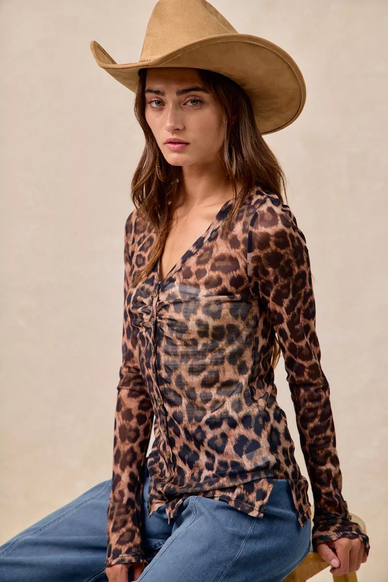 Leopard Printed Mesh Button Up Shirt