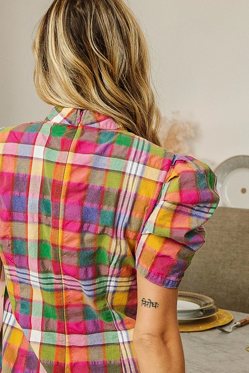 BiBi Short Puff Sleeve Washed Vintage Plaid Top
