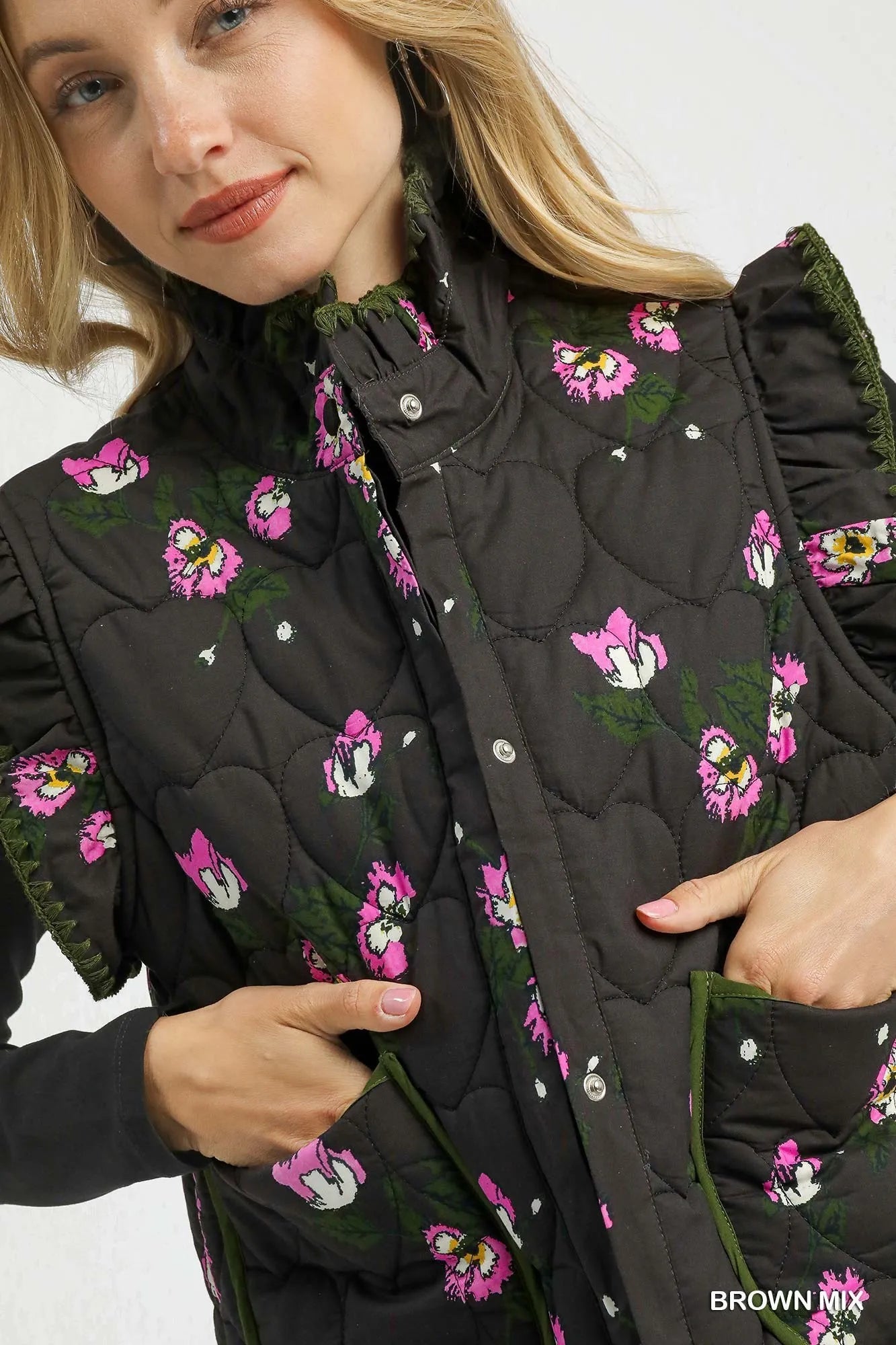 Umgee Ruffled Quilted Floral Snap Down Vest