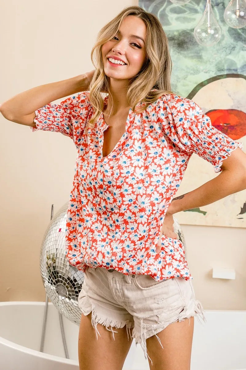 Floral Jacquard Smoked Puff Sleeves Top