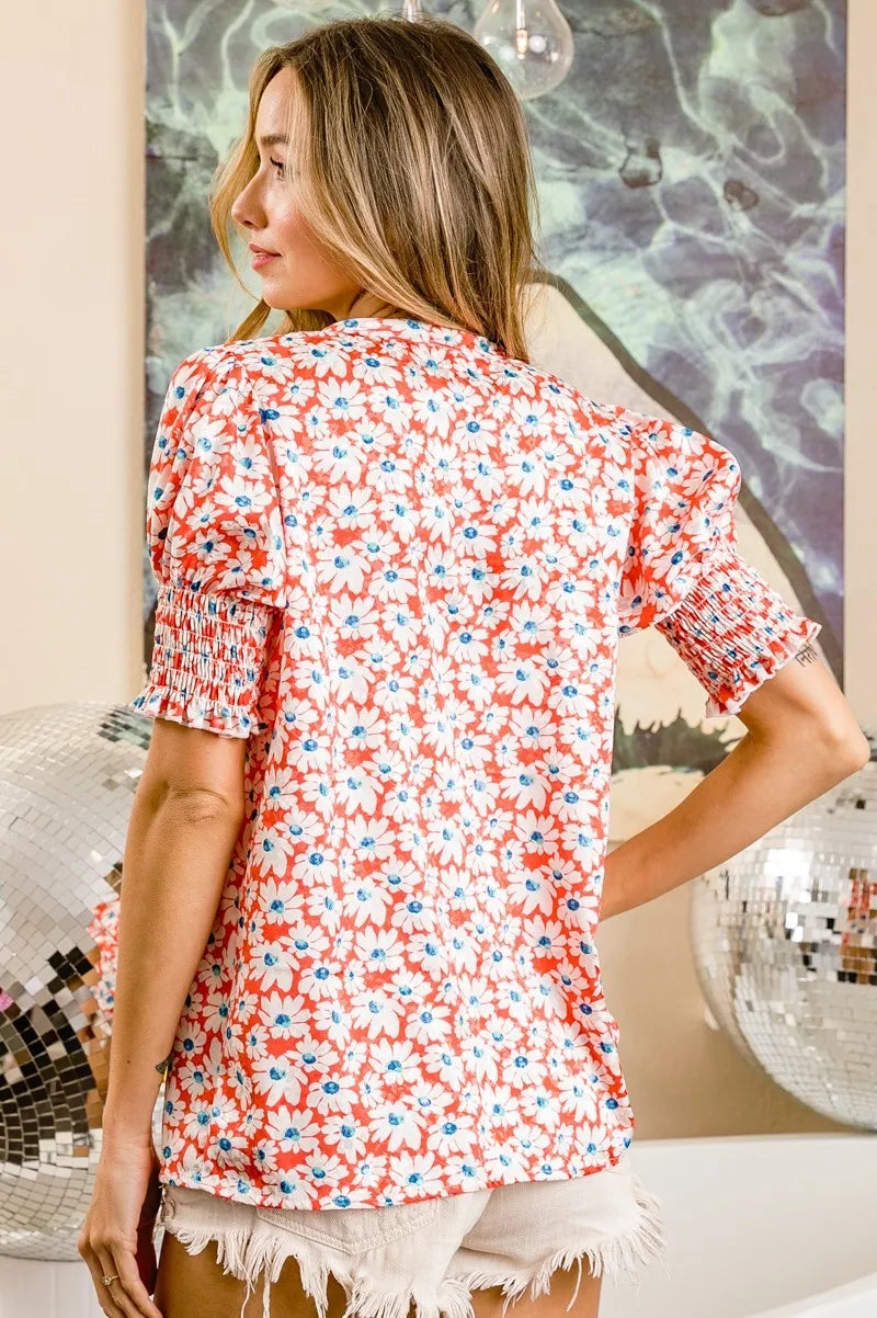 Floral Jacquard Smoked Puff Sleeves Top