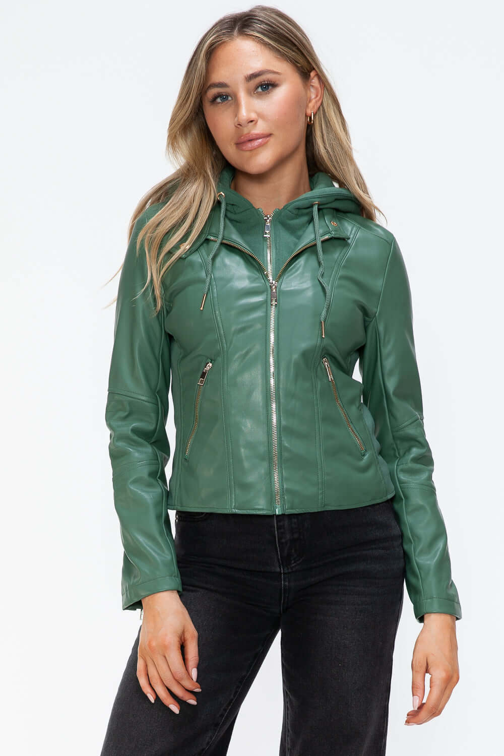 Upgrade your wardrobe with our Faux Leather Zip Up Hooded Jacket. Features a front zipper closure, long sleeves, and an adjustable drawstring hood for a casual and classy touch. Stay stylish and protect yourself from the elements with this must-have jacke